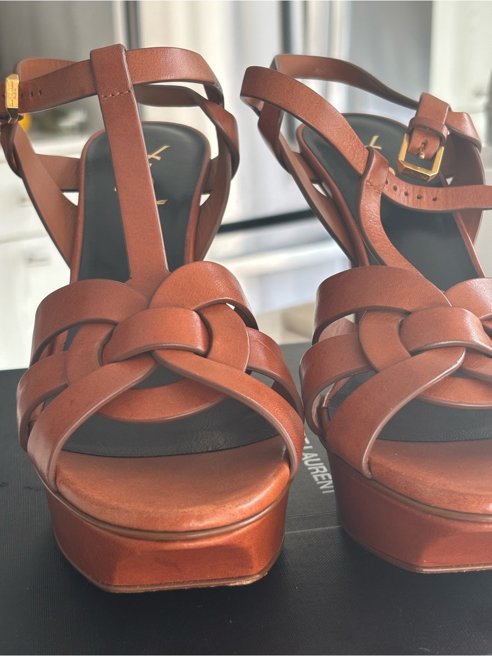 Saint Laurent Tan Leather Platform Sandals with Ankle Strap - Picture 5 of 8